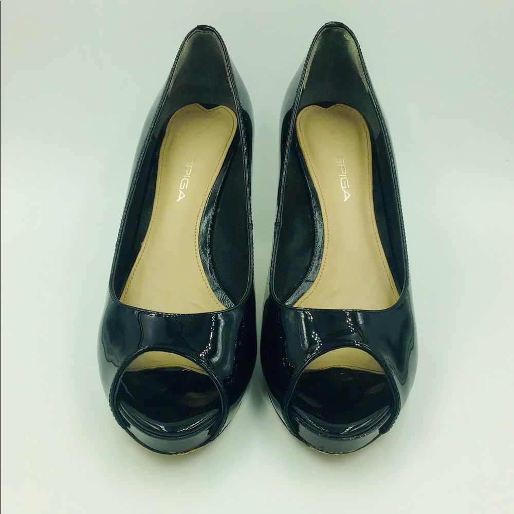 Via Spiga Black Patent Peep Toe Heels